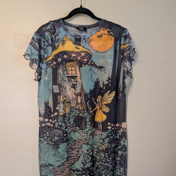 Dressed In Lala Believe In Magic Mesh Mini Dress Size XL Lettuce Edge Hem Sleeve - Picture 2 of 11